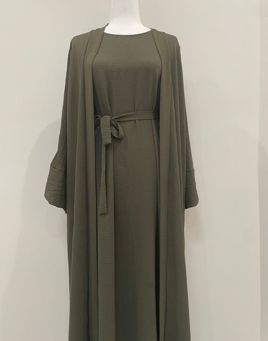 Army Green Crinkled Abaya Set