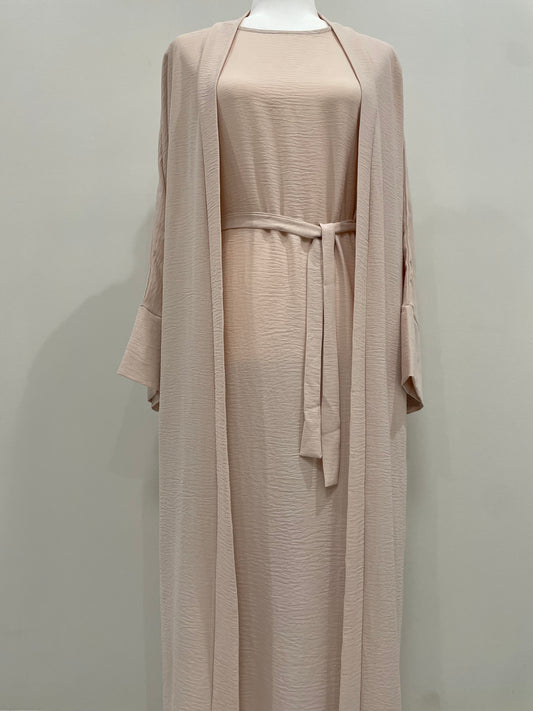 Beige Crinkled Abaya Set