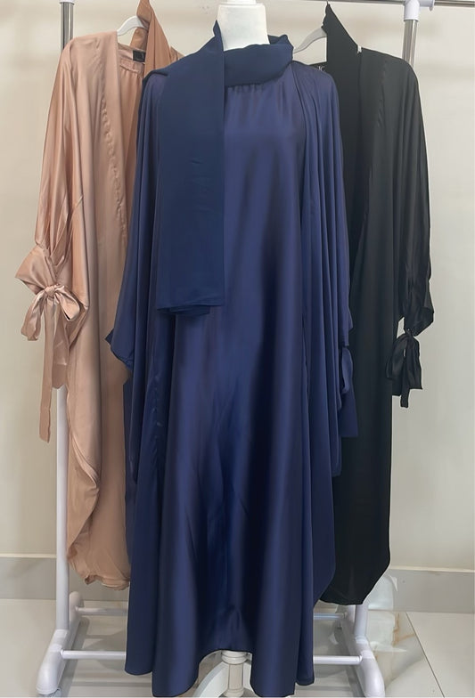 Navy Blue Satin Batwing Abaya Set