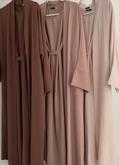 Beige Crinkled Abaya Set