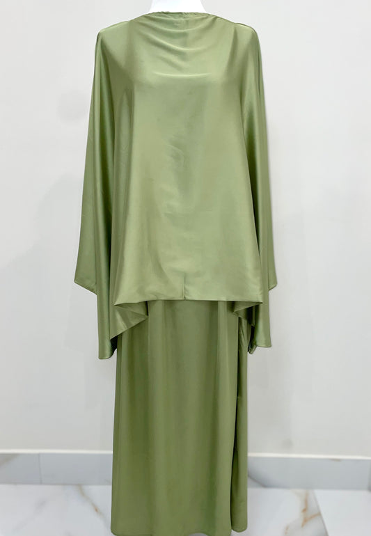 Green Satin Top & Skirt Set