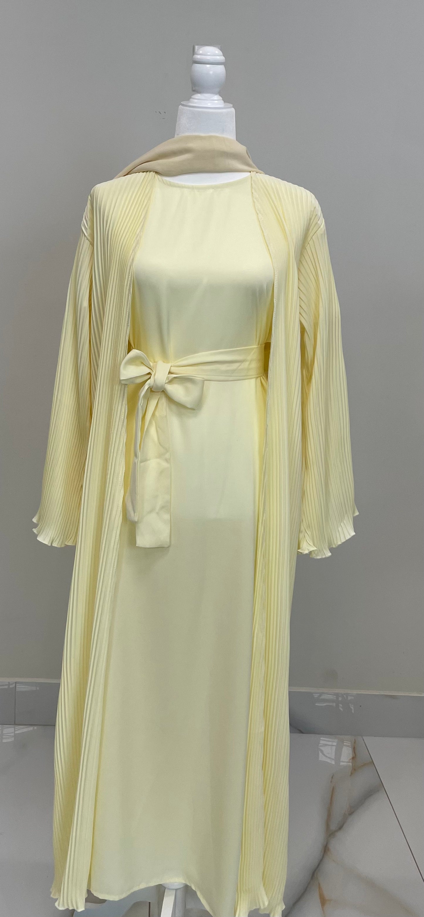 Pastel Yellow Pleaded Abaya Set