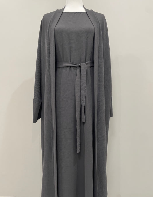 Grey Crinkled Abaya Set