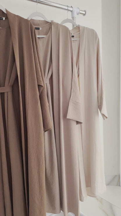 Beige Crinkled Abaya Set